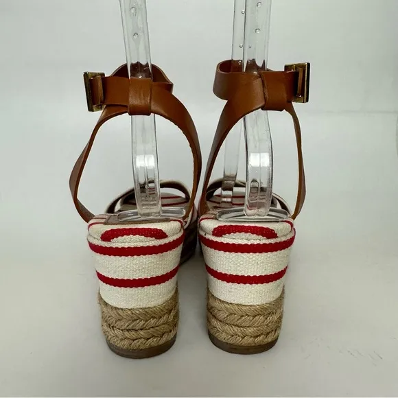 TORY BURCH Sandals Karissa Red White Stripe Espadrille Ankle Strap Wedge Boho