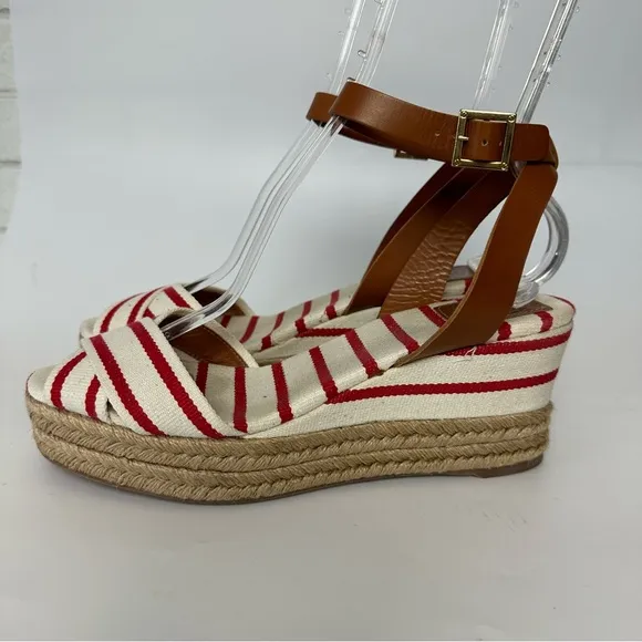 TORY BURCH Sandals Karissa Red White Stripe Espadrille Ankle Strap Wedge Boho
