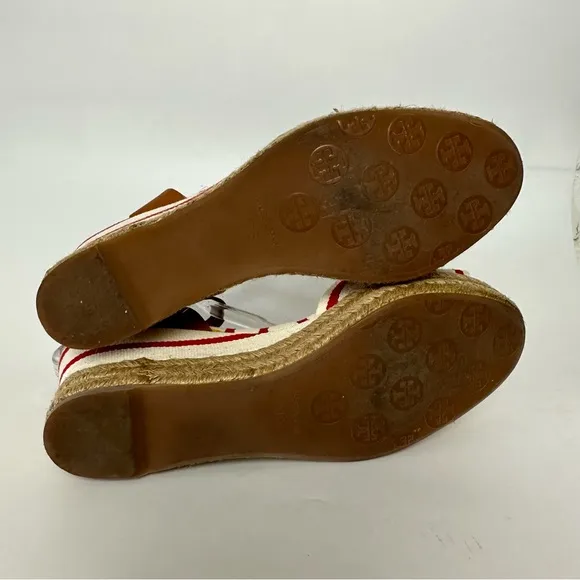 TORY BURCH Sandals Karissa Red White Stripe Espadrille Ankle Strap Wedge Boho