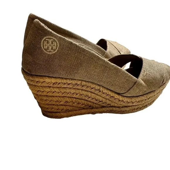 Tory Burch Shimmering Beige Canvas Peep Toe Espadrilles Wedge