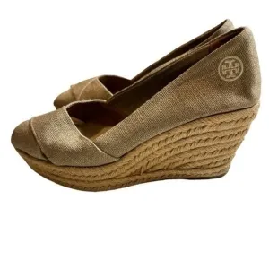 Tory Burch Shimmering Beige Canvas Peep Toe Espadrilles Wedge
