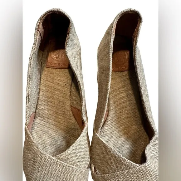 Tory Burch Shimmering Beige Canvas Peep Toe Espadrilles Wedge
