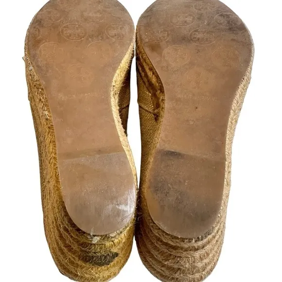 Tory Burch Shimmering Beige Canvas Peep Toe Espadrilles Wedge