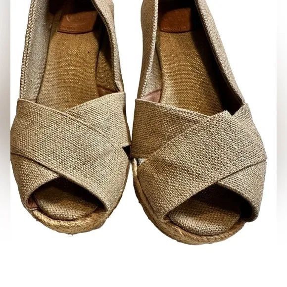Tory Burch Shimmering Beige Canvas Peep Toe Espadrilles Wedge