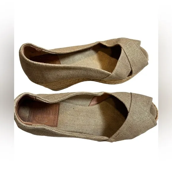Tory Burch Shimmering Beige Canvas Peep Toe Espadrilles Wedge