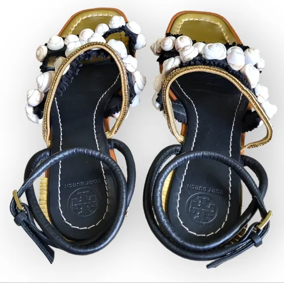 TORY BURCH Sinclair Seashell Ankle Wrap Leather Sandals in Black and Gold 8.5