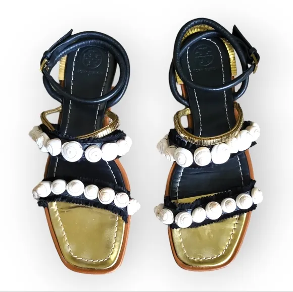 TORY BURCH Sinclair Seashell Ankle Wrap Leather Sandals in Black and Gold 8.5