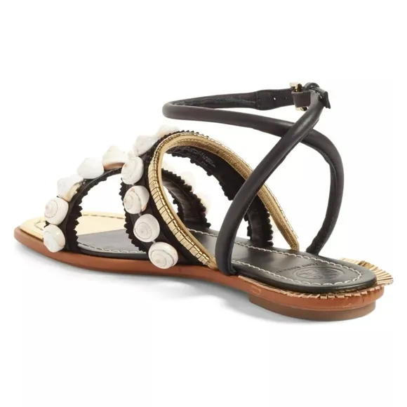 TORY BURCH Sinclair Seashell Ankle Wrap Leather Sandals in Black and Gold 8.5