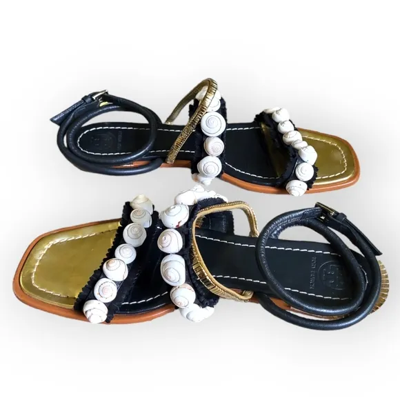 TORY BURCH Sinclair Seashell Ankle Wrap Leather Sandals in Black and Gold 8.5