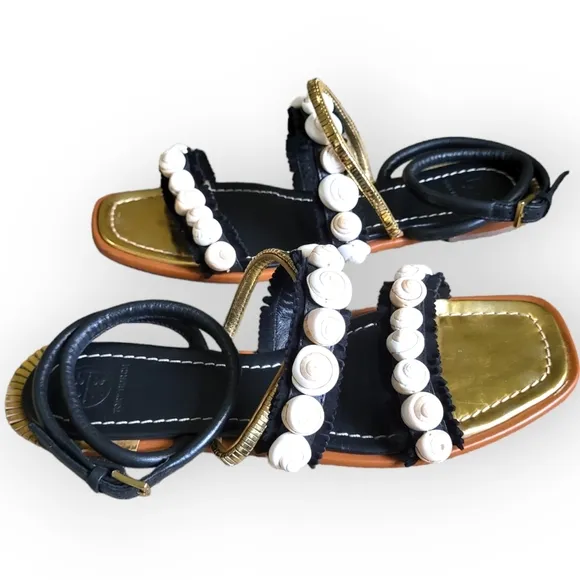 TORY BURCH Sinclair Seashell Ankle Wrap Leather Sandals in Black and Gold 8.5