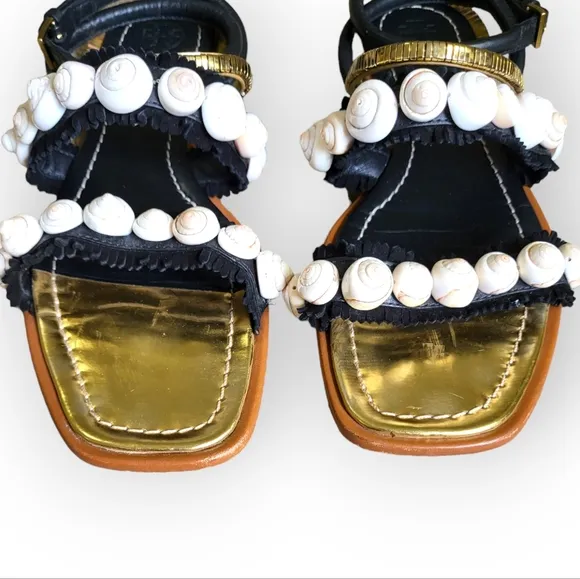 TORY BURCH Sinclair Seashell Ankle Wrap Leather Sandals in Black and Gold 8.5