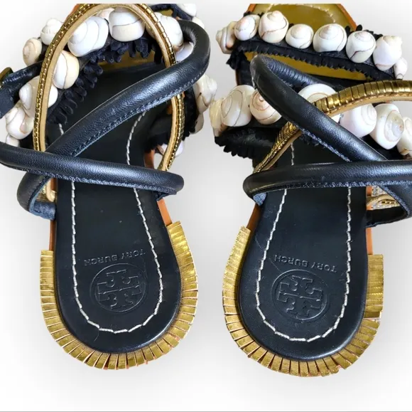 TORY BURCH Sinclair Seashell Ankle Wrap Leather Sandals in Black and Gold 8.5
