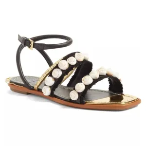 TORY BURCH Sinclair Seashell Ankle Wrap Leather Sandals in Black and Gold 8.5