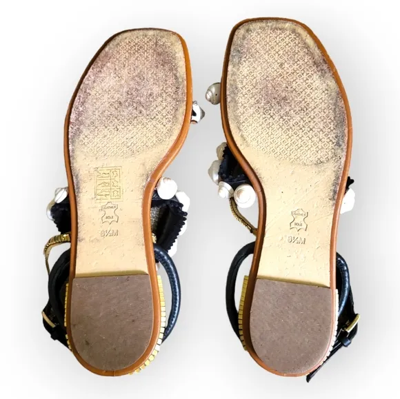 TORY BURCH Sinclair Seashell Ankle Wrap Leather Sandals in Black and Gold 8.5