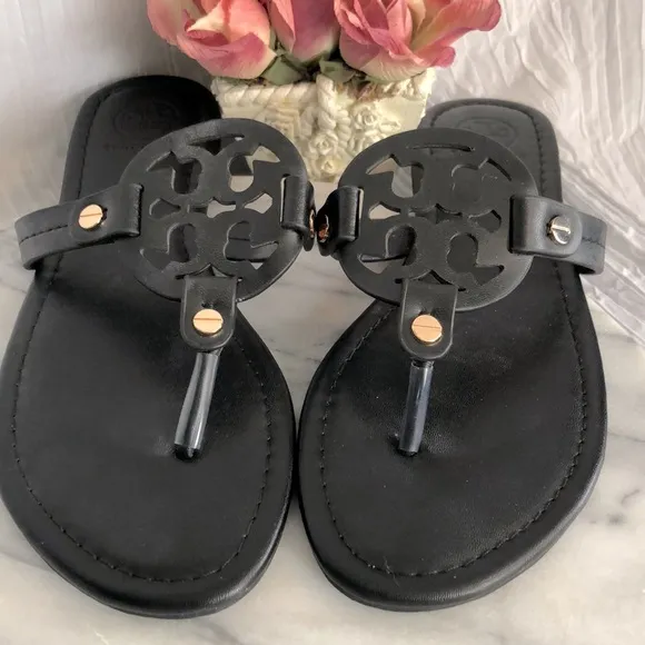 TORY BURCH Size 9 MILLER matte black leather thong slip ons sandals
