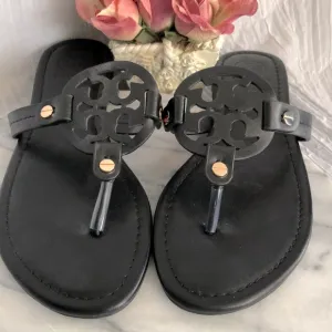 TORY BURCH Size 9 MILLER matte black leather thong slip ons sandals