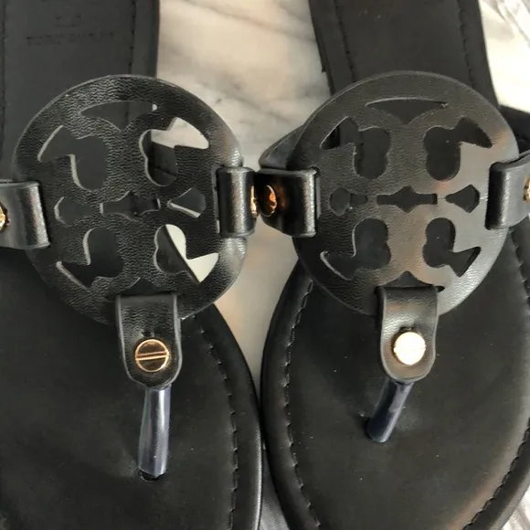 TORY BURCH Size 9 MILLER matte black leather thong slip ons sandals