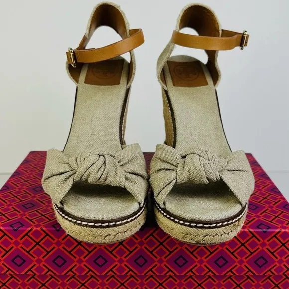Tory Burch Tan Espadrille Wedges with Bow Detail