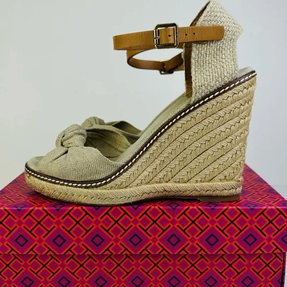 Tory Burch Tan Espadrille Wedges with Bow Detail