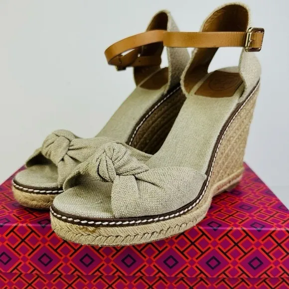 Tory Burch Tan Espadrille Wedges with Bow Detail