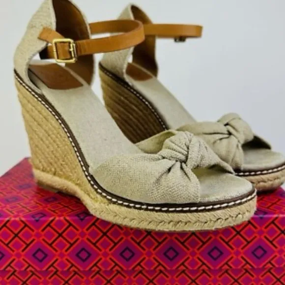 Tory Burch Tan Espadrille Wedges with Bow Detail