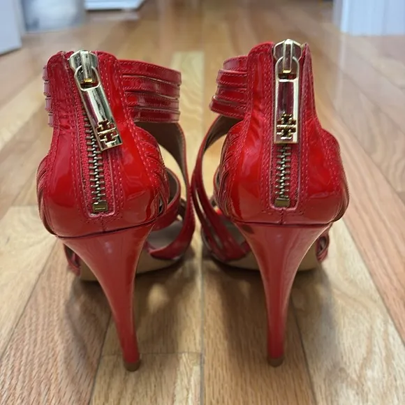 Tory Burch Tory Red 602 Ines Round Kitten Heel Sandals Zip Back Shoe‎ - size 7
