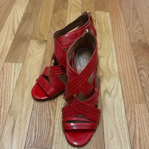 Tory Burch Tory Red 602 Ines Round Kitten Heel Sandals Zip Back Shoe‎ - size 7