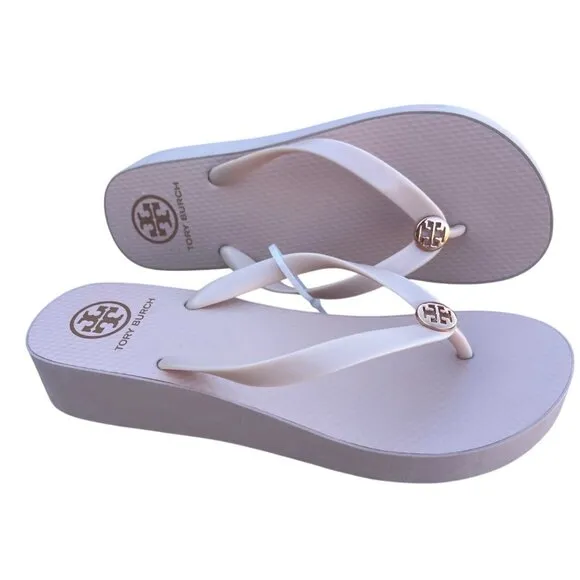 Tory Burch Wedge Flip Flops Sandals Seashell Pink Size 11