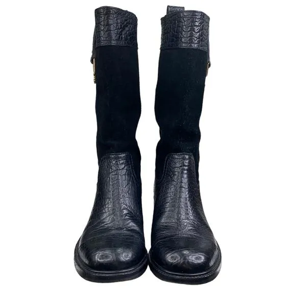 Tory Burch Women's Corey Black Leather Suede Mid Calf Boots Size US 5.5