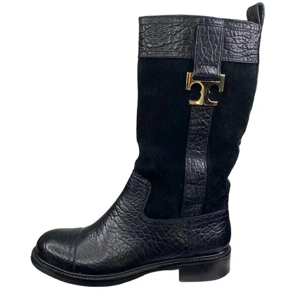 Tory Burch Women's Corey Black Leather Suede Mid Calf Boots Size US 5.5