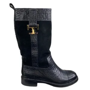 Tory Burch Women's Corey Black Leather Suede Mid Calf Boots Size US 5.5