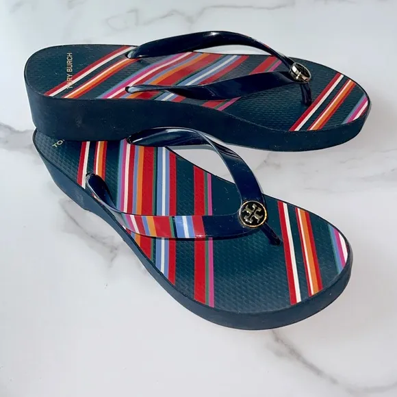 Tory Burch Women's Cut-Out Wedge Flip-Flops Navy platform sandal size 9.5