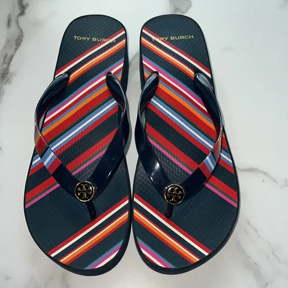 Tory Burch Women's Cut-Out Wedge Flip-Flops Navy platform sandal size 9.5