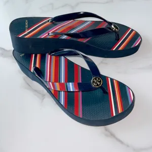 Tory Burch Women's Cut-Out Wedge Flip-Flops Navy platform sandal size 9.5
