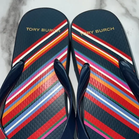 Tory Burch Women's Cut-Out Wedge Flip-Flops Navy platform sandal size 9.5
