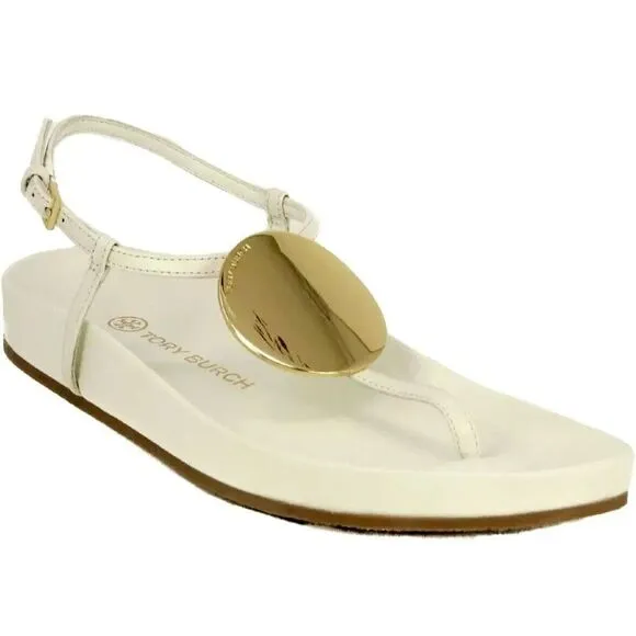 TORY BURCH Women's Size 9.5 Patos Leather Slingback Thong Sandals in White‎ NIB