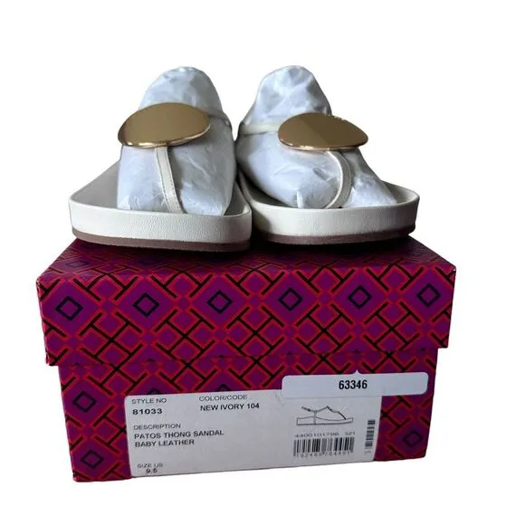 TORY BURCH Women's Size 9.5 Patos Leather Slingback Thong Sandals in White‎ NIB