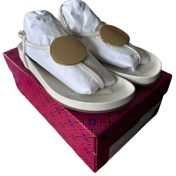 TORY BURCH Women's Size 9.5 Patos Leather Slingback Thong Sandals in White‎ NIB