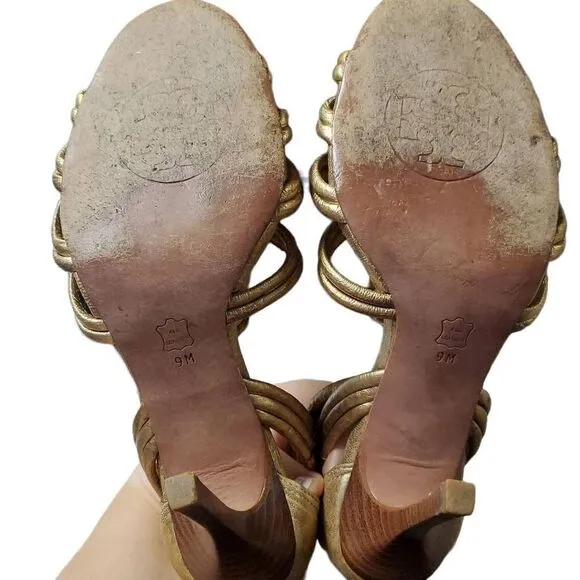Tory Burch Women's Gold Constance Heel Leather Braided Sandals Size 9