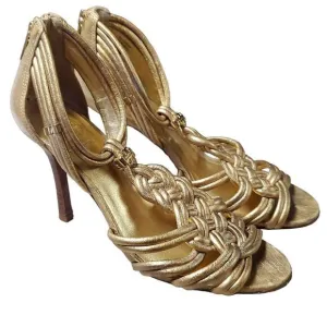 Tory Burch Women's Gold Constance Heel Leather Braided Sandals Size 9