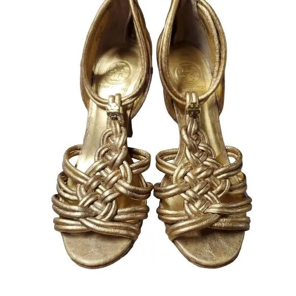 Tory Burch Women's Gold Constance Heel Leather Braided Sandals Size 9