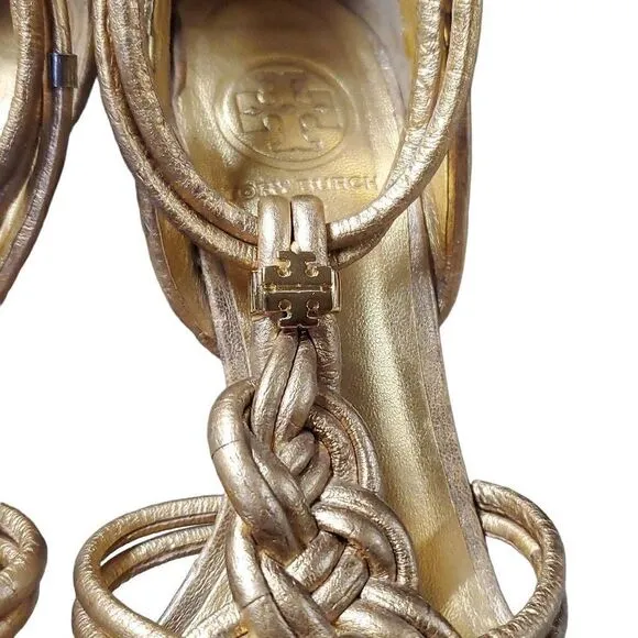 Tory Burch Women's Gold Constance Heel Leather Braided Sandals Size 9
