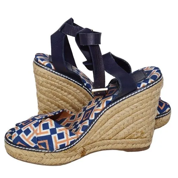 Tory Burch Criss Cross Blue and Orange Espadrille Wedges, Size 8