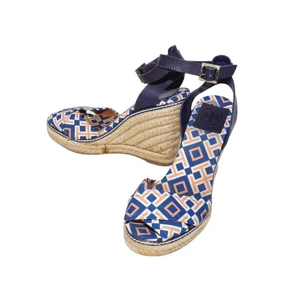 Tory Burch Criss Cross Blue and Orange Espadrille Wedges, Size 8