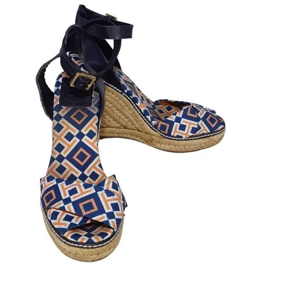 Tory Burch Criss Cross Blue and Orange Espadrille Wedges, Size 8