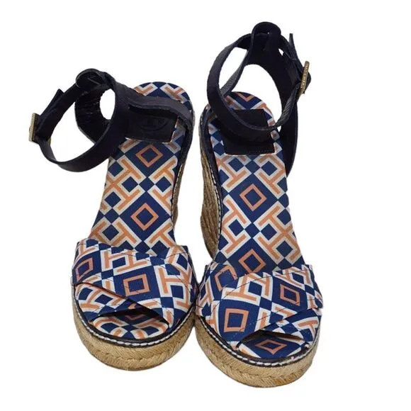 Tory Burch Criss Cross Blue and Orange Espadrille Wedges, Size 8
