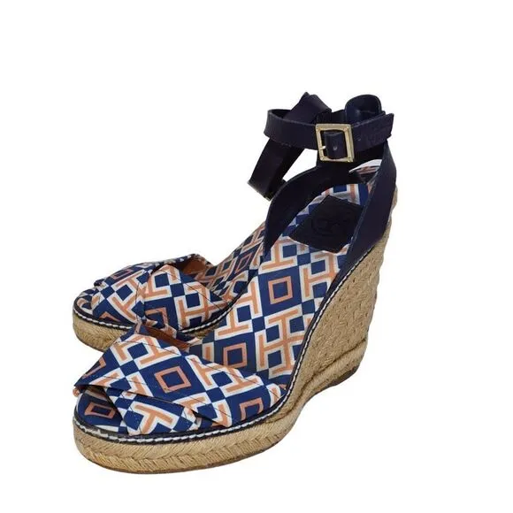 Tory Burch Criss Cross Blue and Orange Espadrille Wedges, Size 8
