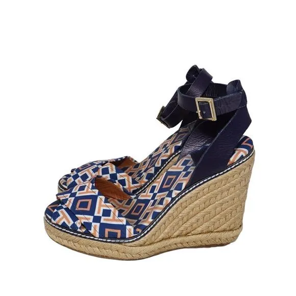 Tory Burch Criss Cross Blue and Orange Espadrille Wedges, Size 8