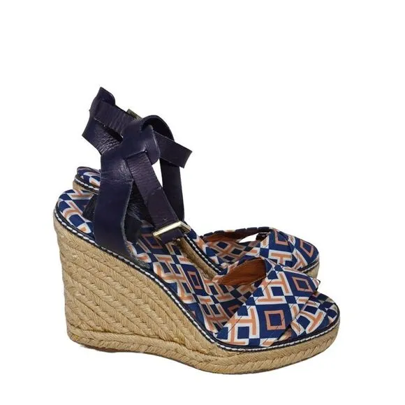 Tory Burch Criss Cross Blue and Orange Espadrille Wedges, Size 8