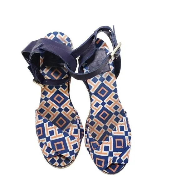 Tory Burch Criss Cross Blue and Orange Espadrille Wedges, Size 8